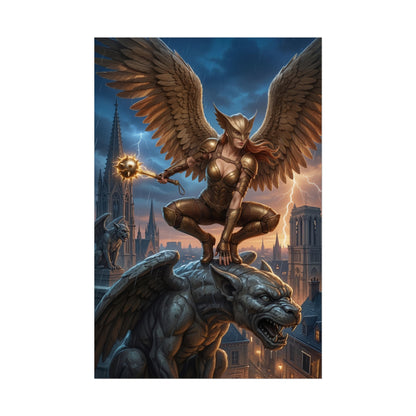 Hawkgirl Poster, DC Comics Art Print – Superhero Wall Art showcasing armored Hawkgirl perched on gargoyle over city at stormy dusk