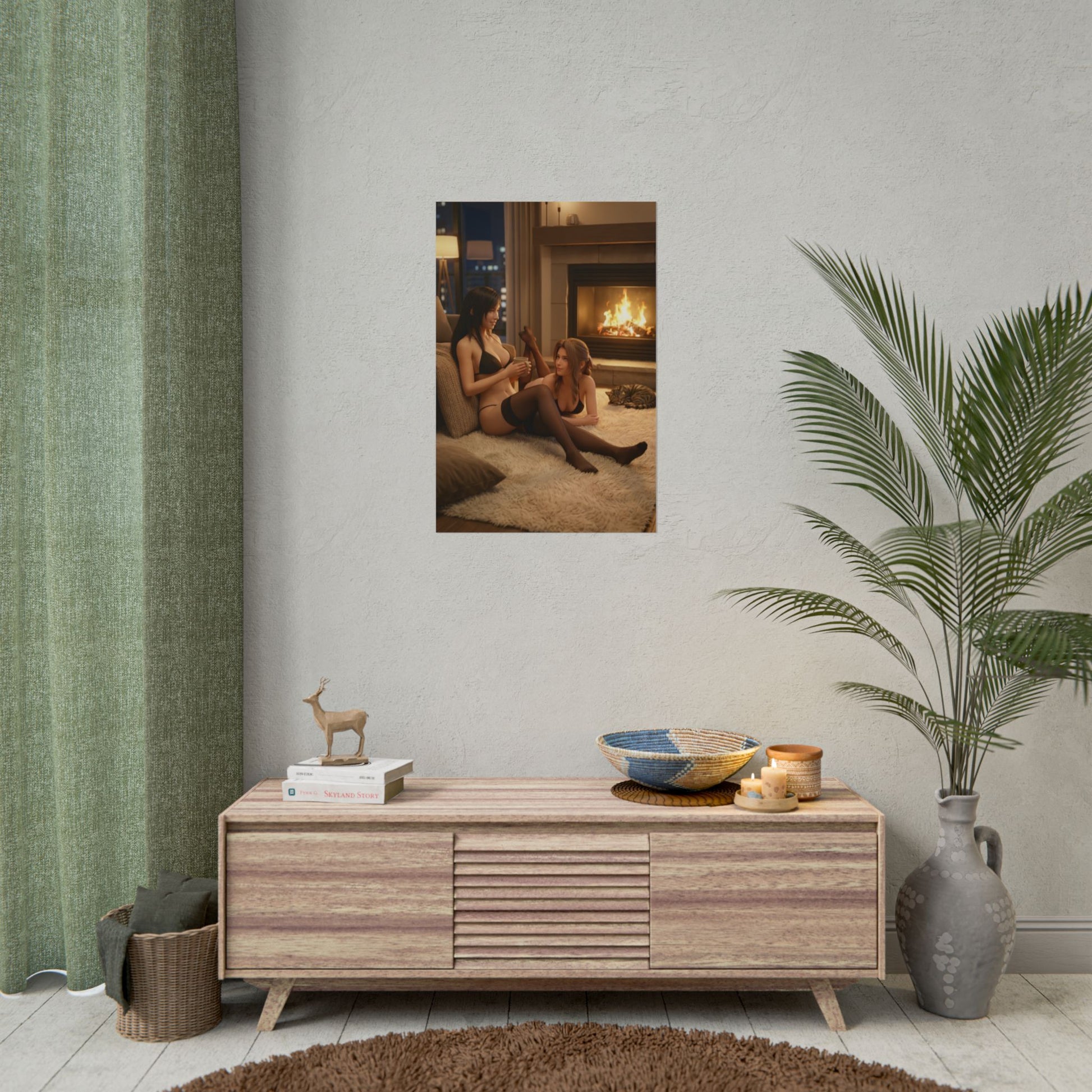 Tifa Aerith Poster, Final Fantasy Art Print – Iconic Game Duo Decor on neutral modern wall above console, cozy gamer room decor