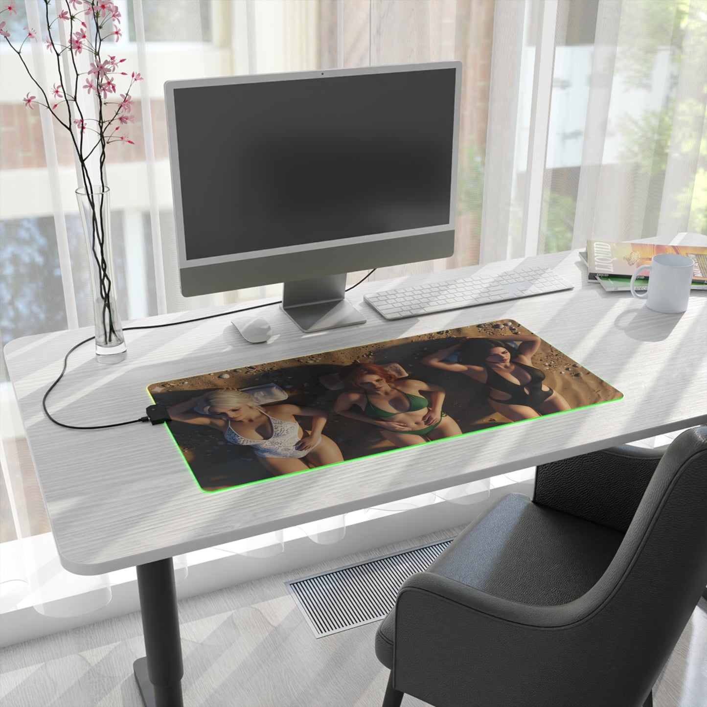 Ciri, Triss Merigold & Yennefer Desk Mat – LED RGB Pad on desk with trio heroine artwork and green LED glow