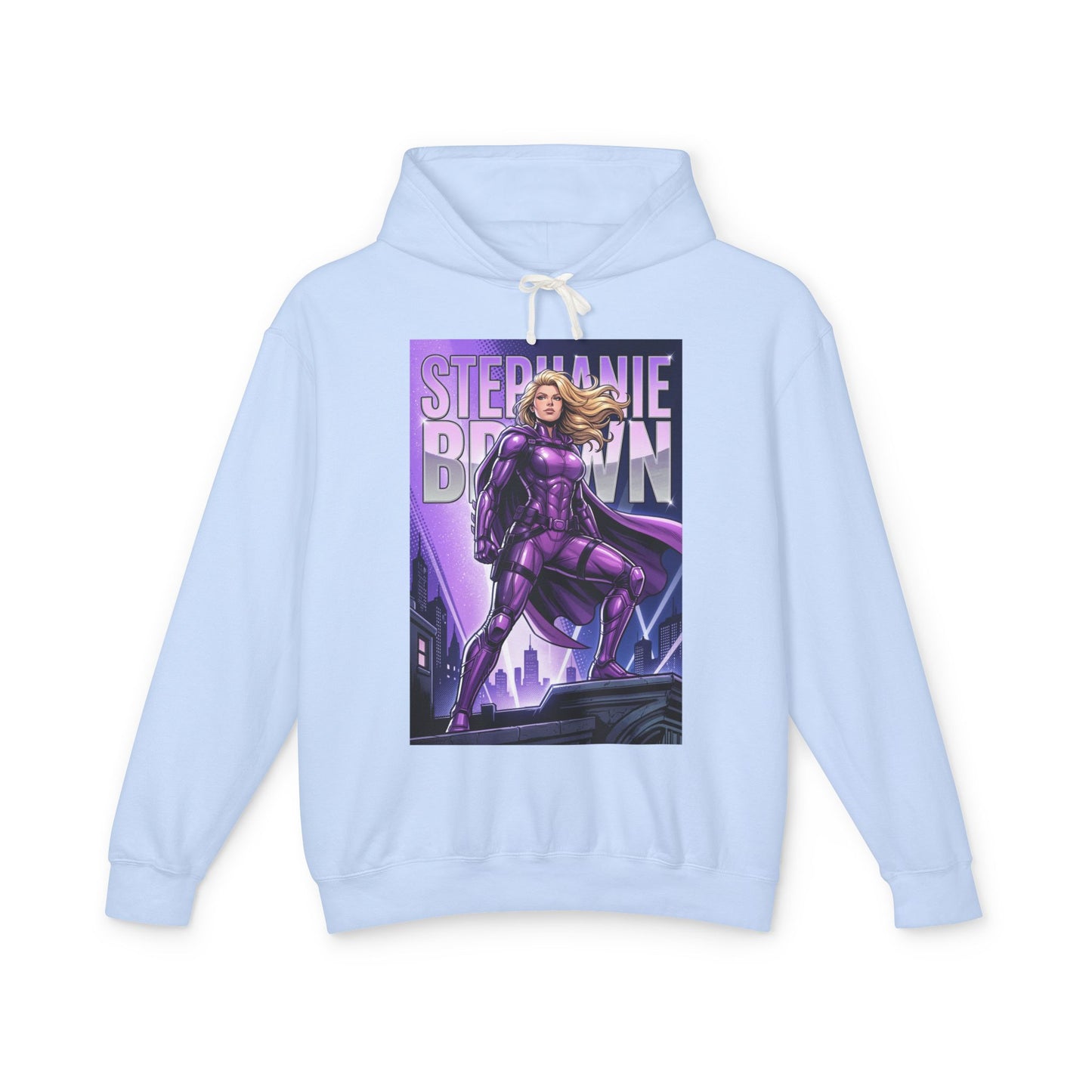 Stephanie Brown Hoodie | DC Superhero Hoodie | Spoiler Legacy Pullover front view light blue pullover with bold purple Stephanie Brown comic art
