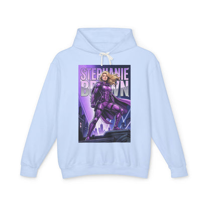 Stephanie Brown Hoodie | DC Superhero Hoodie | Spoiler Legacy Pullover front view light blue pullover with bold purple Stephanie Brown comic art
