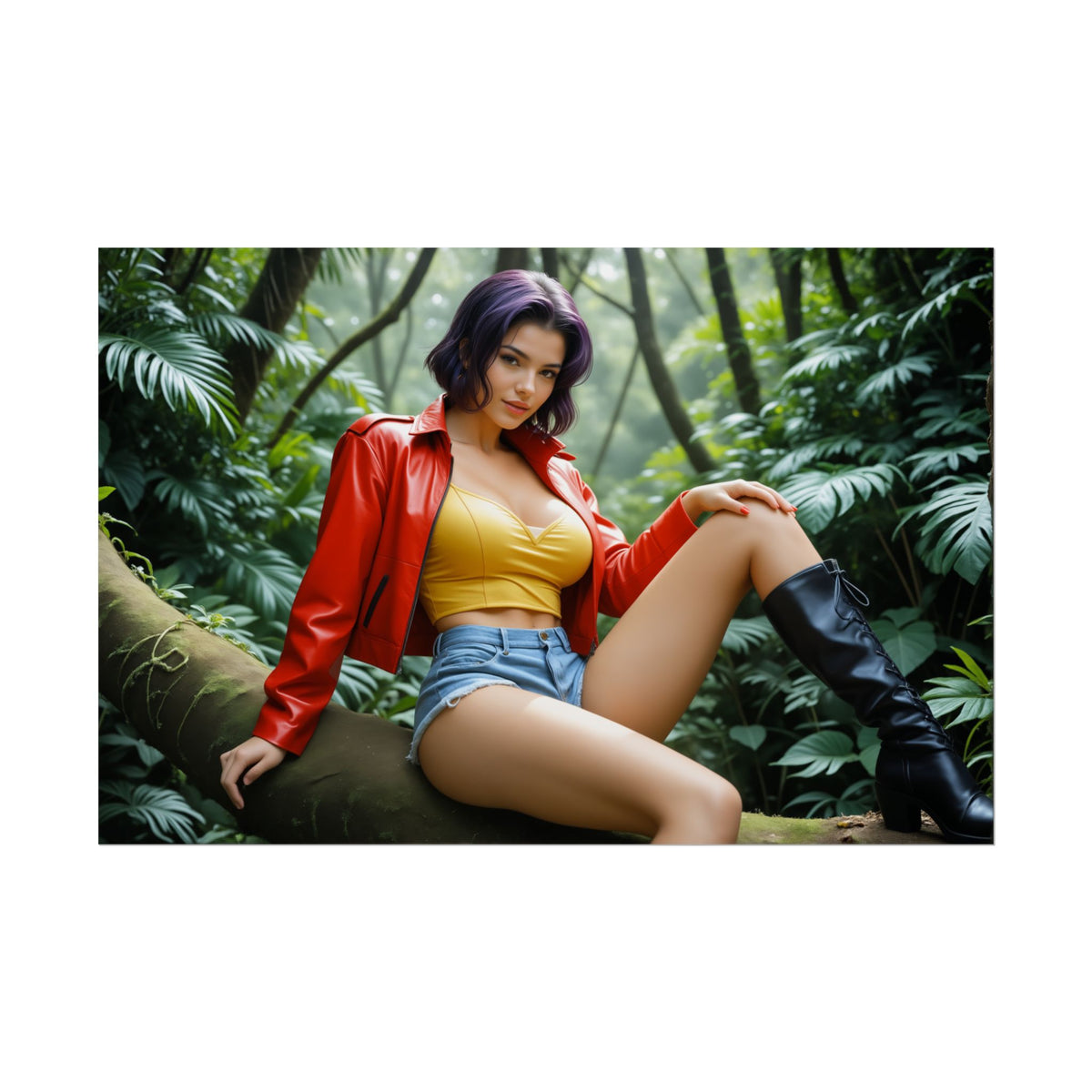 Faye Valentine Anime Wall Art | Space Waifu Poster for Otaku Collectors - cinematic pose, red jacket, yellow top, high-res poster