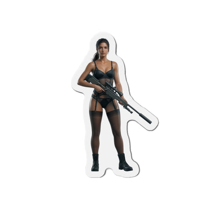 Quiet Magnet – Metal Gear Solid V Fridge Magnet, Game Character Decor showing die-cut vinyl Quiet character in tactical outfit holding sniper rifle