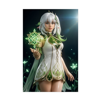 Nahida Poster, Genshin Impact Art Print – Iconic Dendro Archon Wall Art featuring serene Nahida character holding glowing Dendro sigil in fantasy style