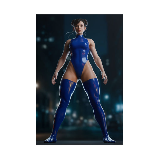 Chun-Li Poster, Street Fighter Art Print – Fighting Game Wall Decor featuring dynamic full-body Chun-Li pose in blue costume for gamer room decor