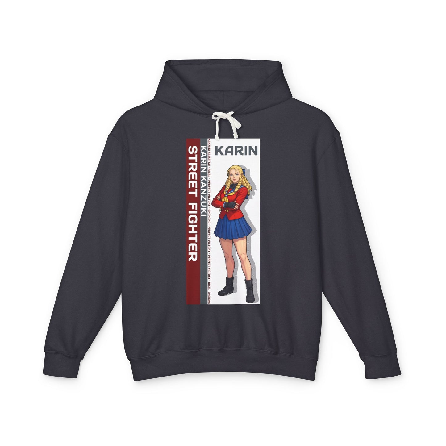 Karin Hoodie | Street Fighter Hoodie | Anime Elegant Fighter Pullover - navy pullover with Karin anime illustration and street fighter text