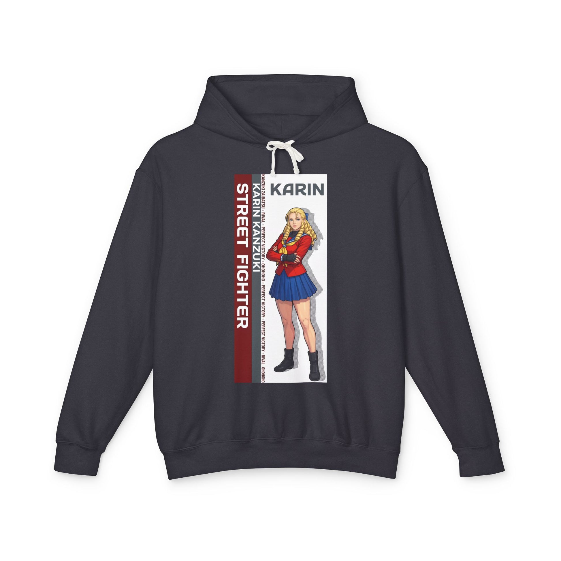 Karin Hoodie | Street Fighter Hoodie | Anime Elegant Fighter Pullover - navy pullover with Karin anime illustration and street fighter text