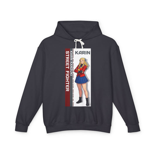 Karin Hoodie | Street Fighter Hoodie | Anime Elegant Fighter Pullover - navy pullover with Karin anime illustration and street fighter text