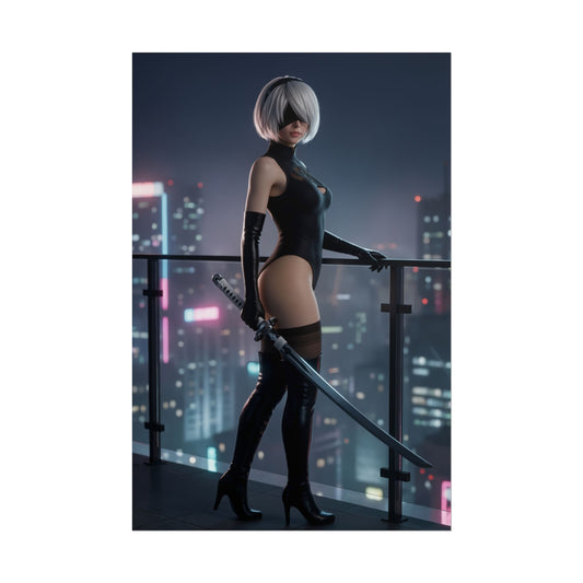 2B Poster, NieR Automata Art Print – Action RPG Heroine Wall Decor showcasing 2B on a rooftop with sword and city night skyline