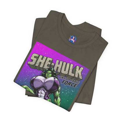 Alt Tag: She-Hulk T-Shirt | Marvel Comic Heroine Anime Tee showing comic-style She-Hulk illustration with bold “SHE-HULK” and “Unstoppable Force” print