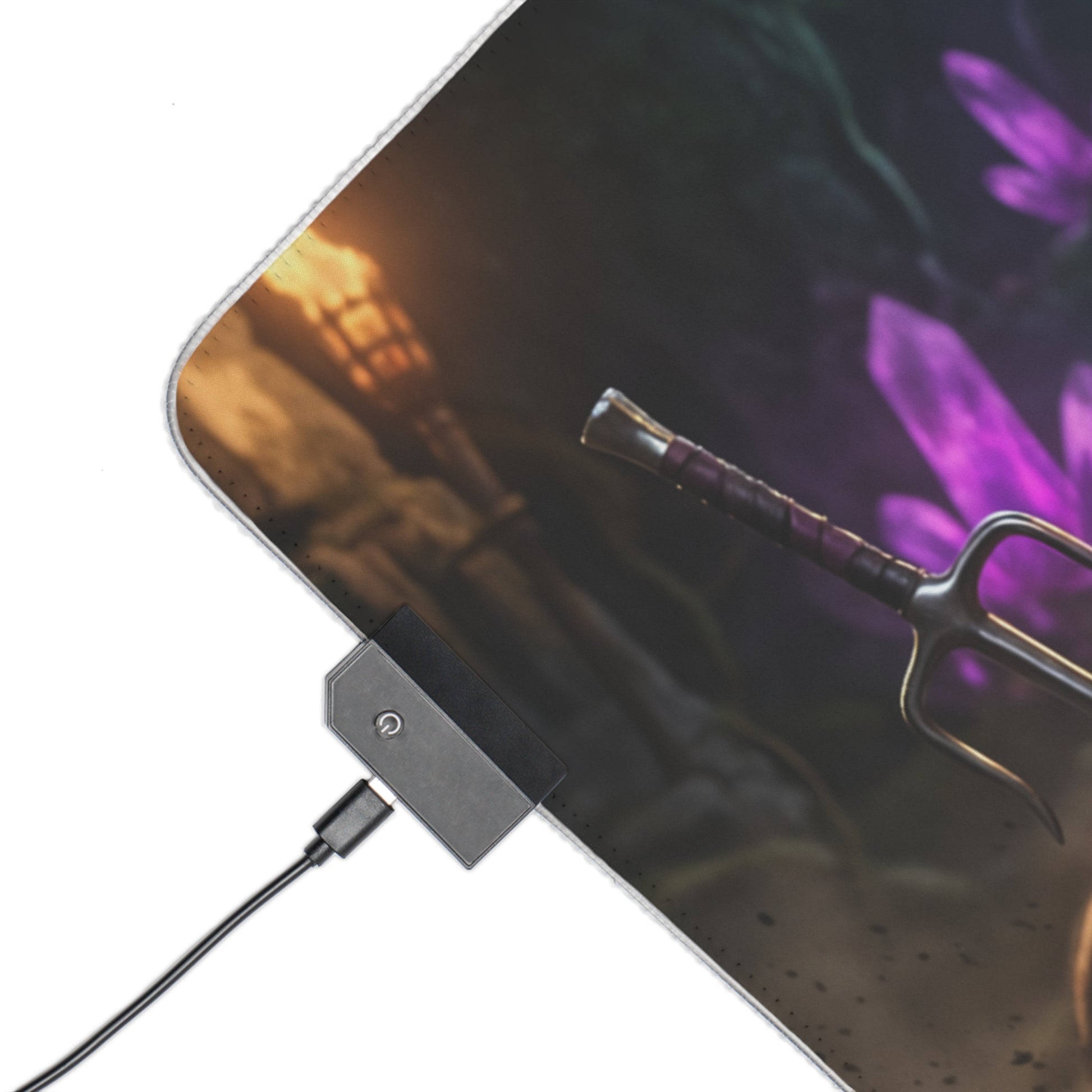 Mileena Desk Mat – LED RGB Pad, Waifu Fighter Anime Girl Setup close-up showing trident handle, RGB controller and textured precision-cloth surface