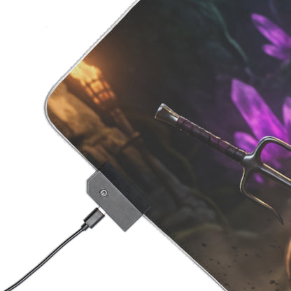 Mileena Desk Mat – LED RGB Pad, Waifu Fighter Anime Girl Setup close-up showing trident handle, RGB controller and textured precision-cloth surface