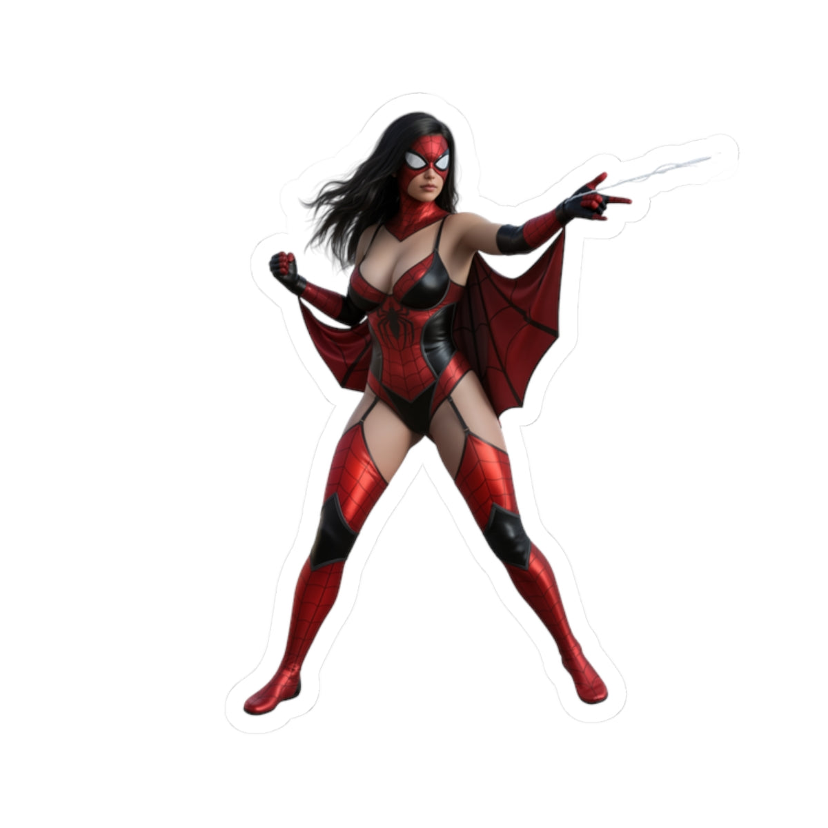 Spider Woman Sticker – Comic Heroine Vinyl Sticker for Laptops & Indoor Decor: glossy red-and-black comic-style vinyl sticker of a dynamic heroine posing and shooting web