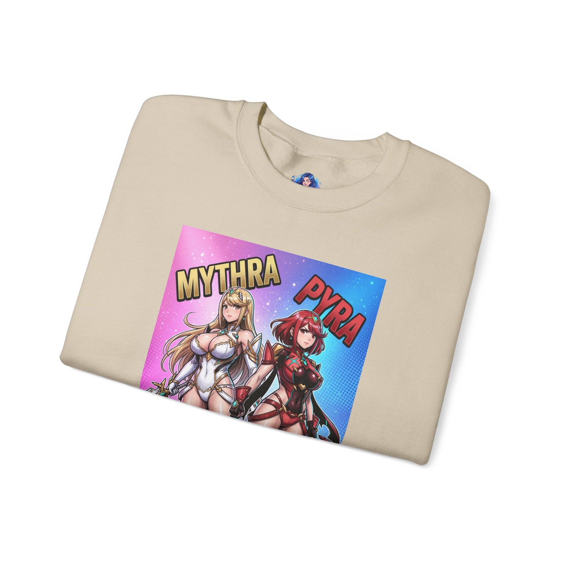 Mythra and Pyra Sweatshirt, Fantasy RPG Crewneck, Anime-Inspired Fan Apparel showing Mythra and Pyra artwork on a beige folded crewneck