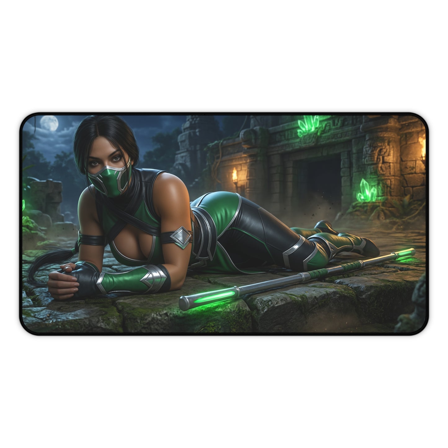 Jade Gaming Mouse Pad, Mortal Kombat Desk Mat, Edenian Warrior Gaming Setup featuring Jade reclining with green glowing kunai and ruined temple backdrop