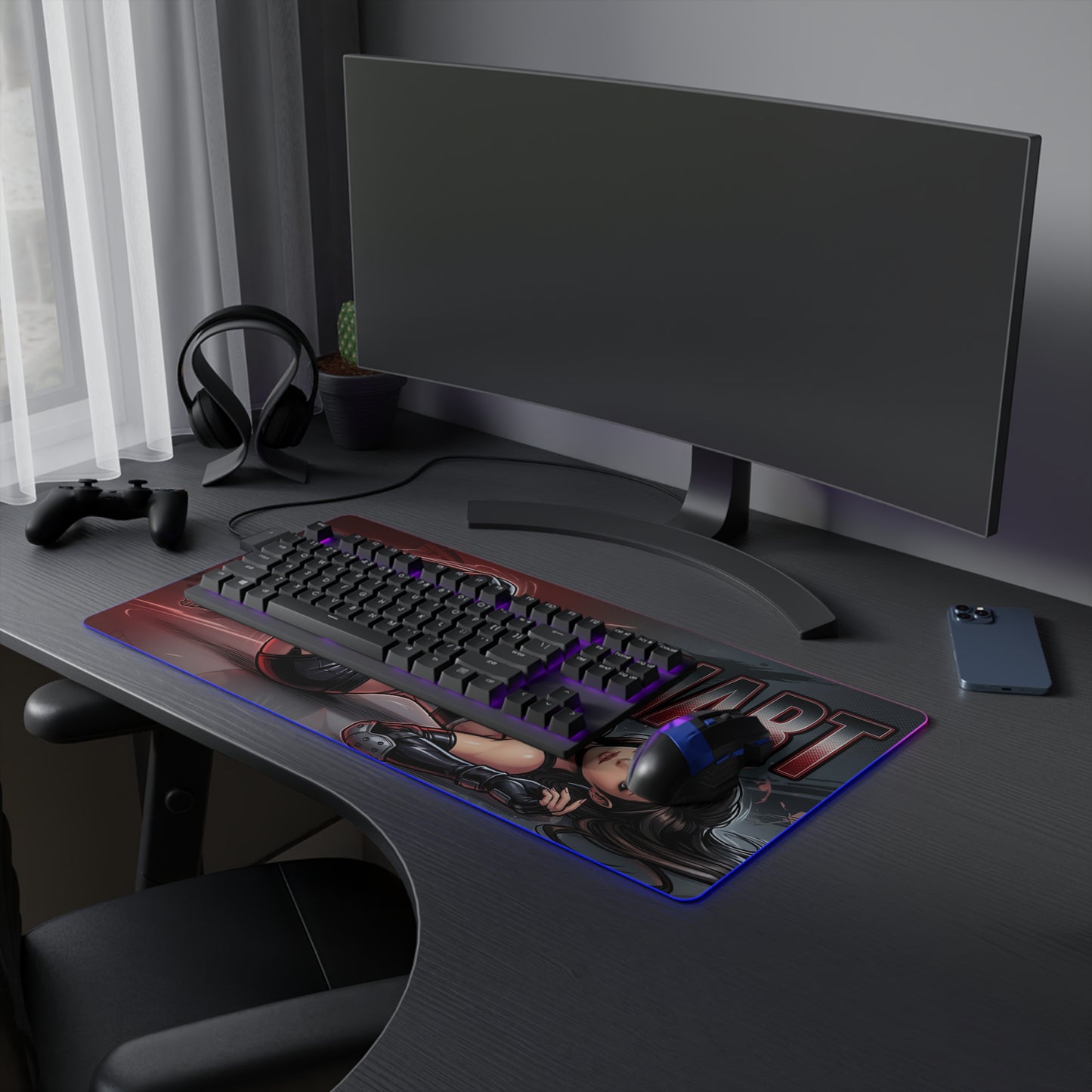 Tifa Lockhart RGB Desk Mat, Final Fantasy Gaming Mouse Pad, LED Desk Mat for Gamer Setup with red black artwork and RGB lighting