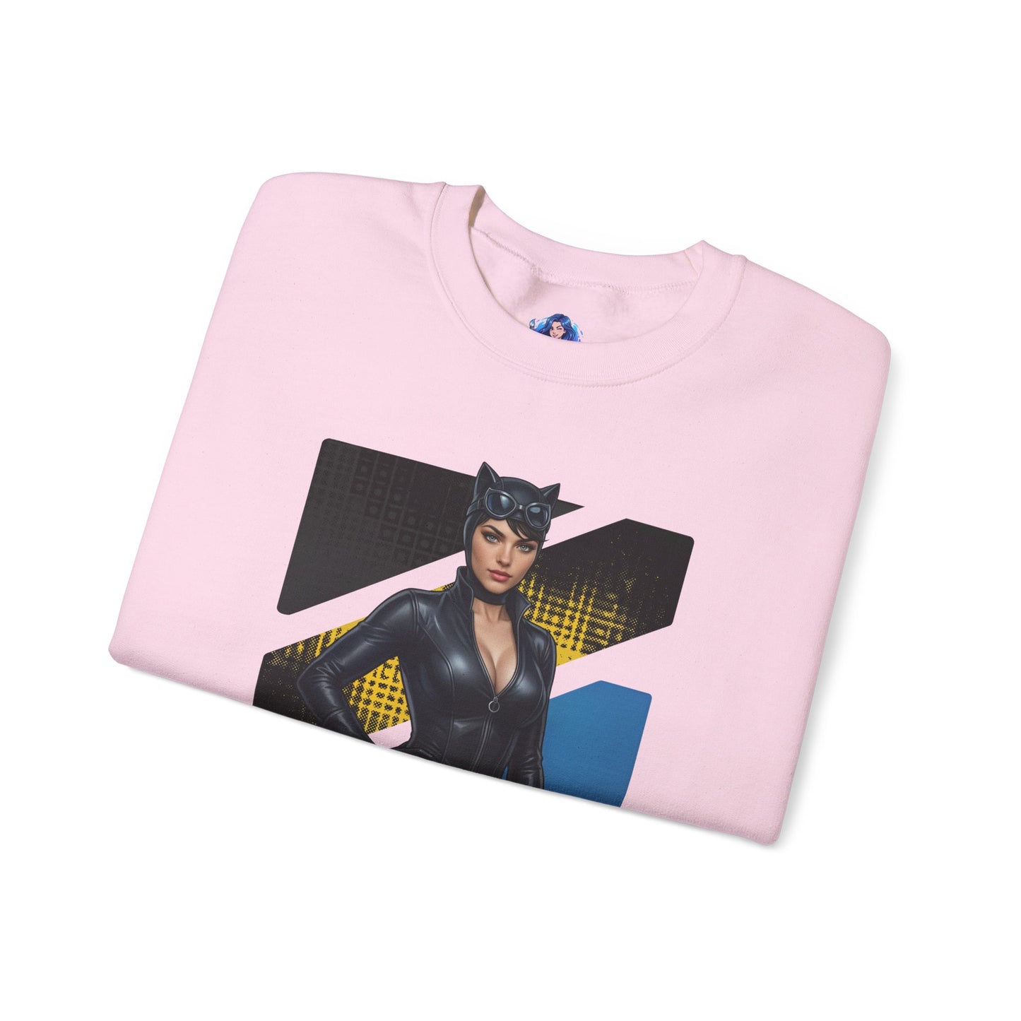 Catwoman Sweatshirt, DC Comics Crewneck, Sleek Superhero Apparel for Fans — pink folded crewneck with Catwoman graphic and bold geometric background