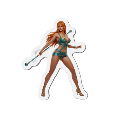 Nami Magnet – One Piece Anime Heroine Fridge Magnet, Pirate Decor die-cut vinyl magnet of Nami in teal outfit holding staff, glossy fridge decor
