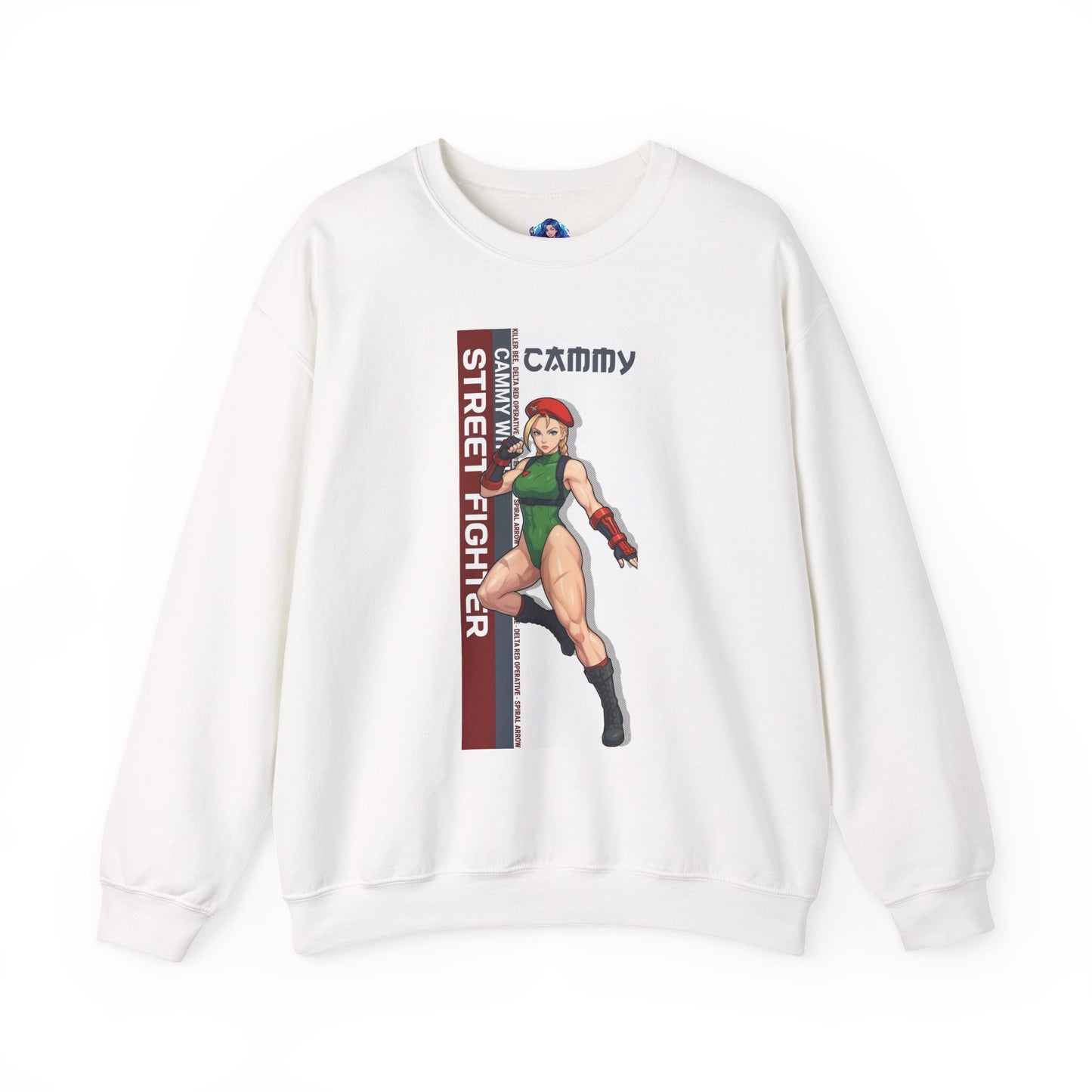 Cammy Sweatshirt, Street Fighter Crewneck, Classic Fighting Game Apparel for Fans - white crewneck with Cammy artwork and green color theme