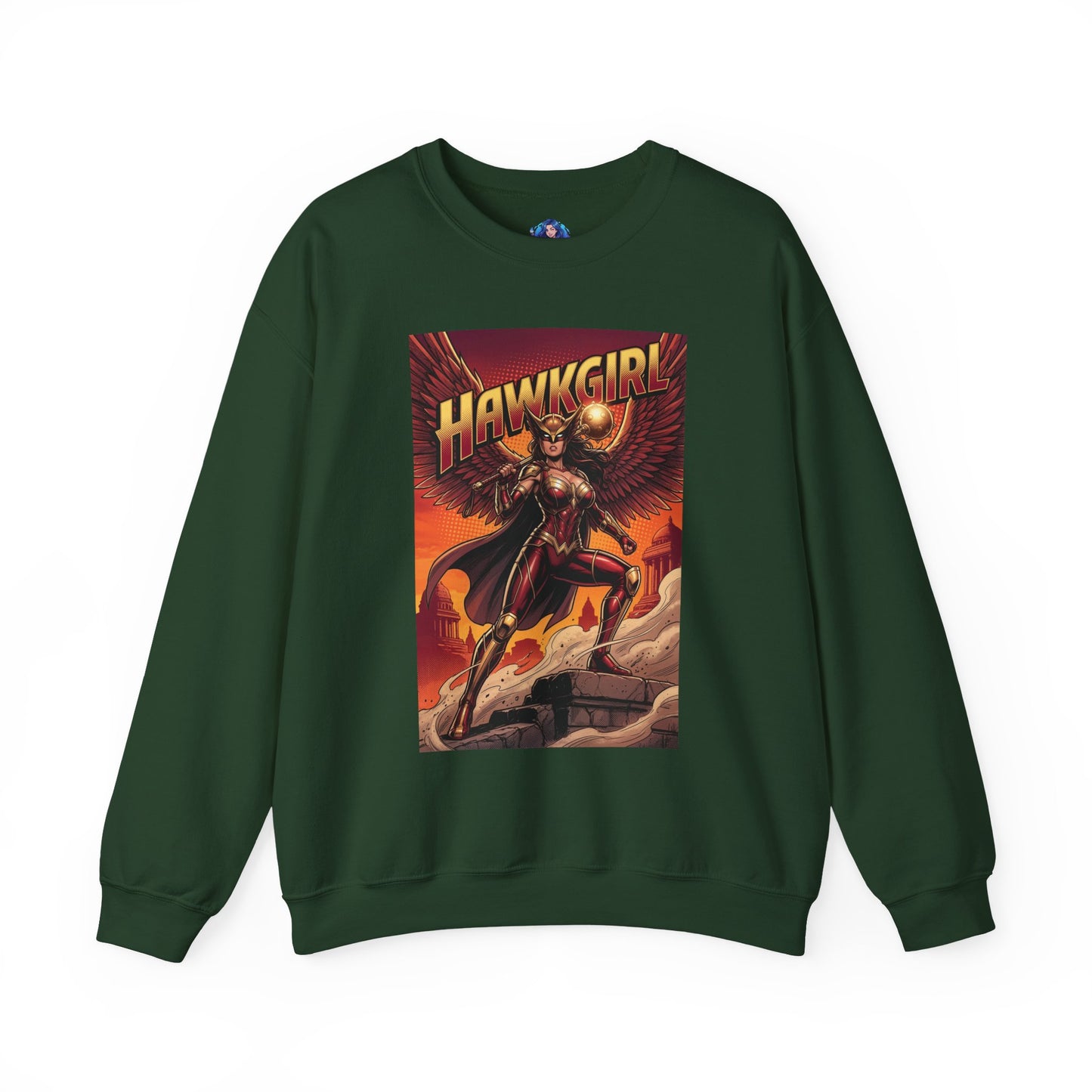 Hawkgirl Sweatshirt, DC Comics Wall Art Style, Premium Heroine Apparel - green crewneck with anime-inspired Hawkgirl winged armor and mace graphic