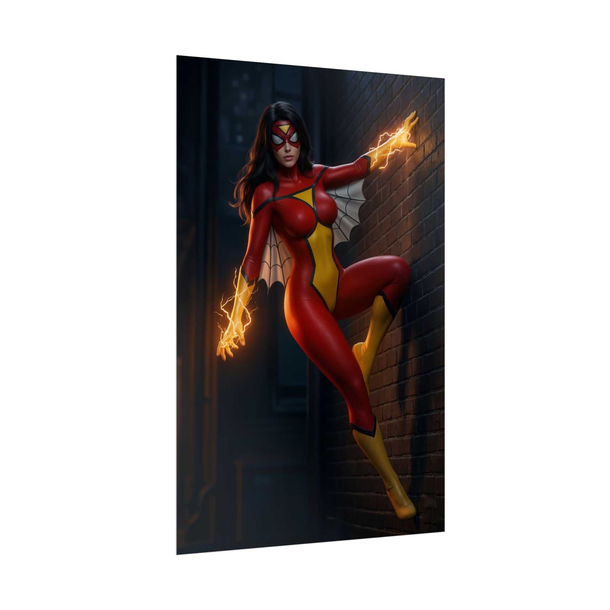Spider-Woman Poster, Marvel Comics Art Print, Iconic Superhero Wall Decor - dynamic Spider-Woman art with web wings and glowing bio-electric blasts