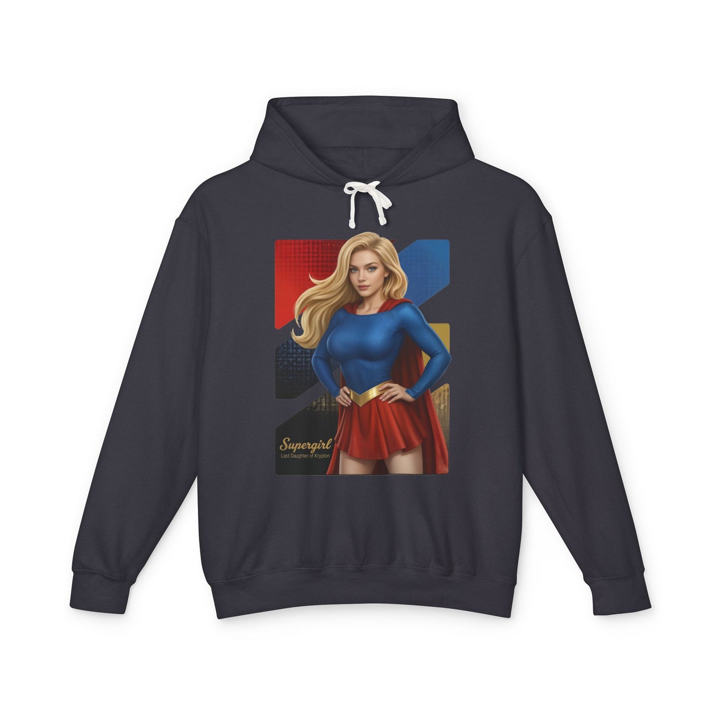Supergirl Hoodie | DC Comics Hoodie | Anime Superheroine Pullover - navy pullover with anime-style Supergirl illustration, lightweight 100% ring-spun cotton