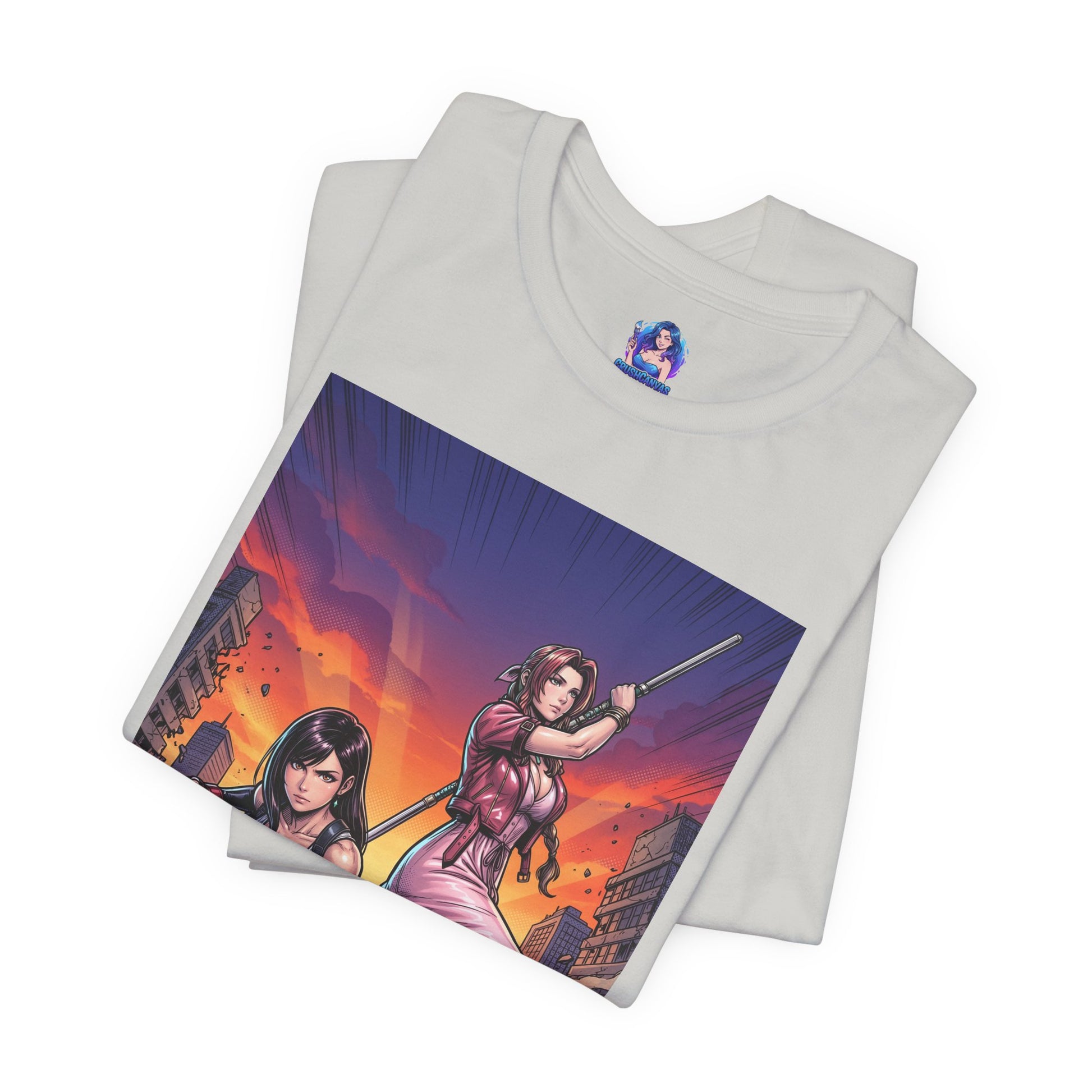 Tifa Lockhart and Aerith Gainsborough T-Shirt | Final Fantasy Duo Anime Tee showing Tifa with combat stance and Aerith with staff in urban battle scene