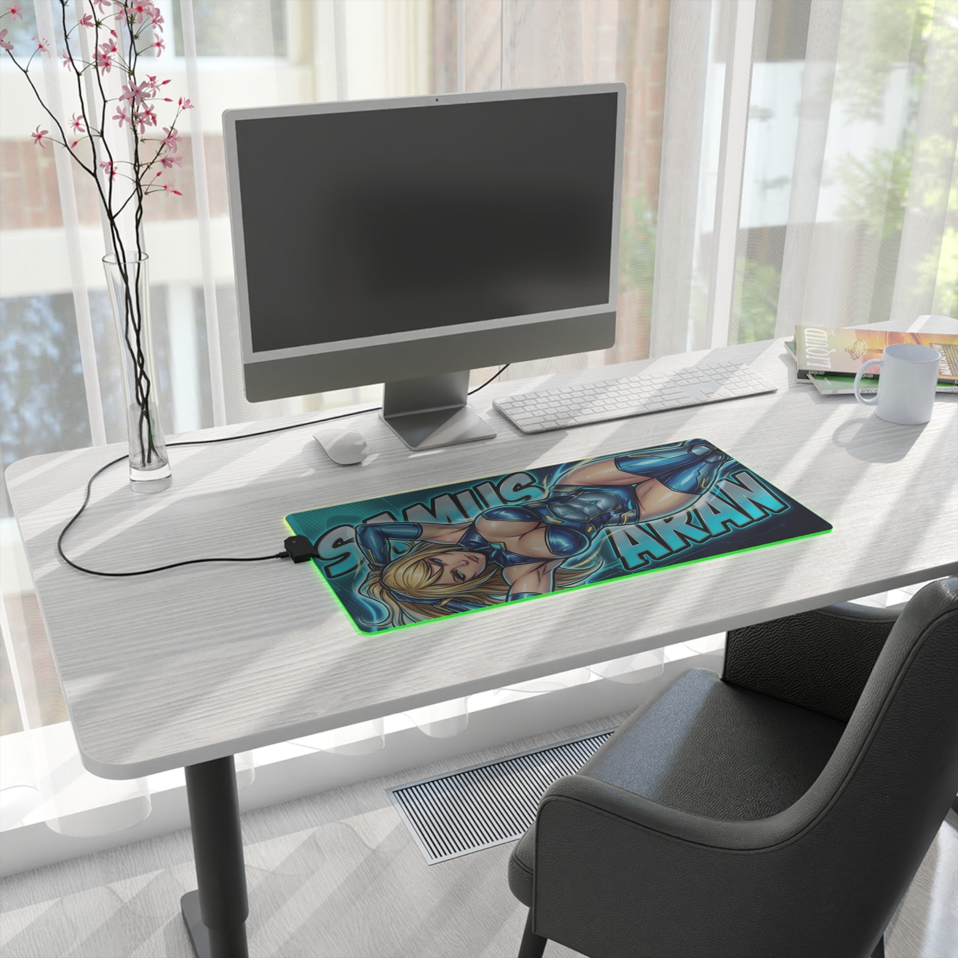 Samus Aran RGB Desk Mat, Sci-Fi Action Gaming Mouse Pad, LED Desk Mat for Gamer Setup showcasing blue-armored artwork, RGB edge lighting on white desk