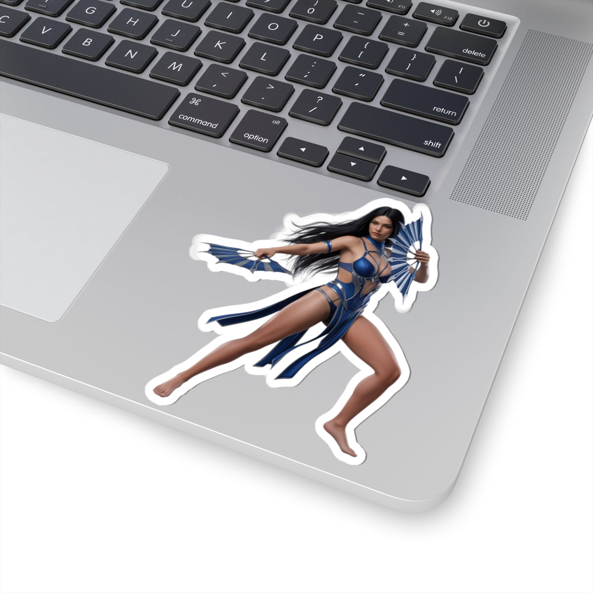 Kitana Sticker – Mortal Kombat Vinyl Sticker for Laptops & Indoor Decor on silver laptop showing glossy, durable vinyl, vibrant colors and crisp detail