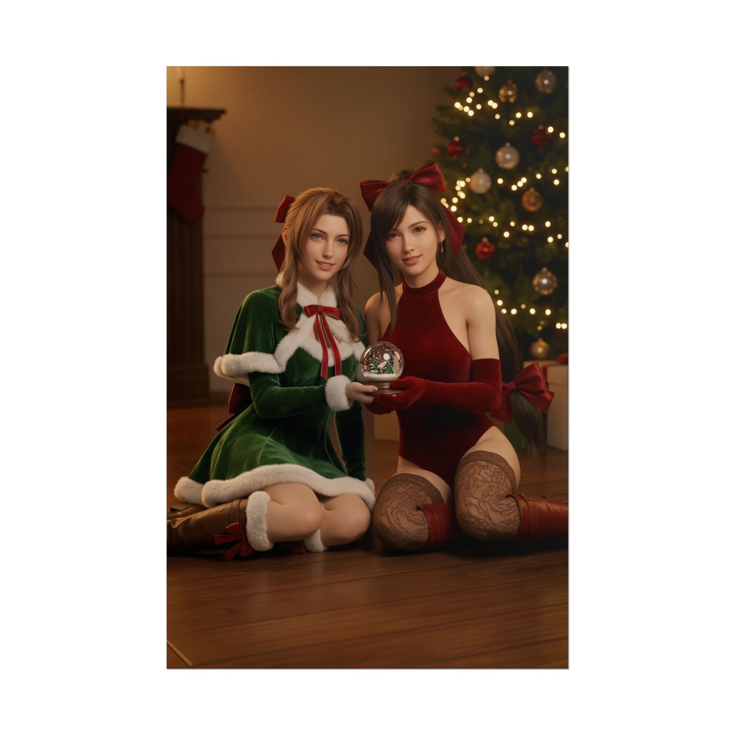 Tifa Aerith Poster, Final Fantasy Art Print – Gamer Room Wall Decor featuring Tifa and Aerith in festive outfits holding a snow globe