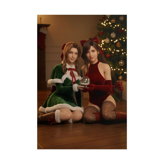Tifa Aerith Poster, Final Fantasy Art Print – Gamer Room Wall Decor featuring Tifa and Aerith in festive outfits holding a snow globe