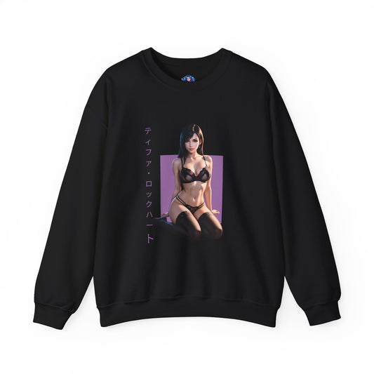 Tifa Lockhart Sweatshirt, FFVII Crewneck, Cozy RPG Gaming Apparel for Fans with polished illustration of Tifa seated in lingerie on black crewneck