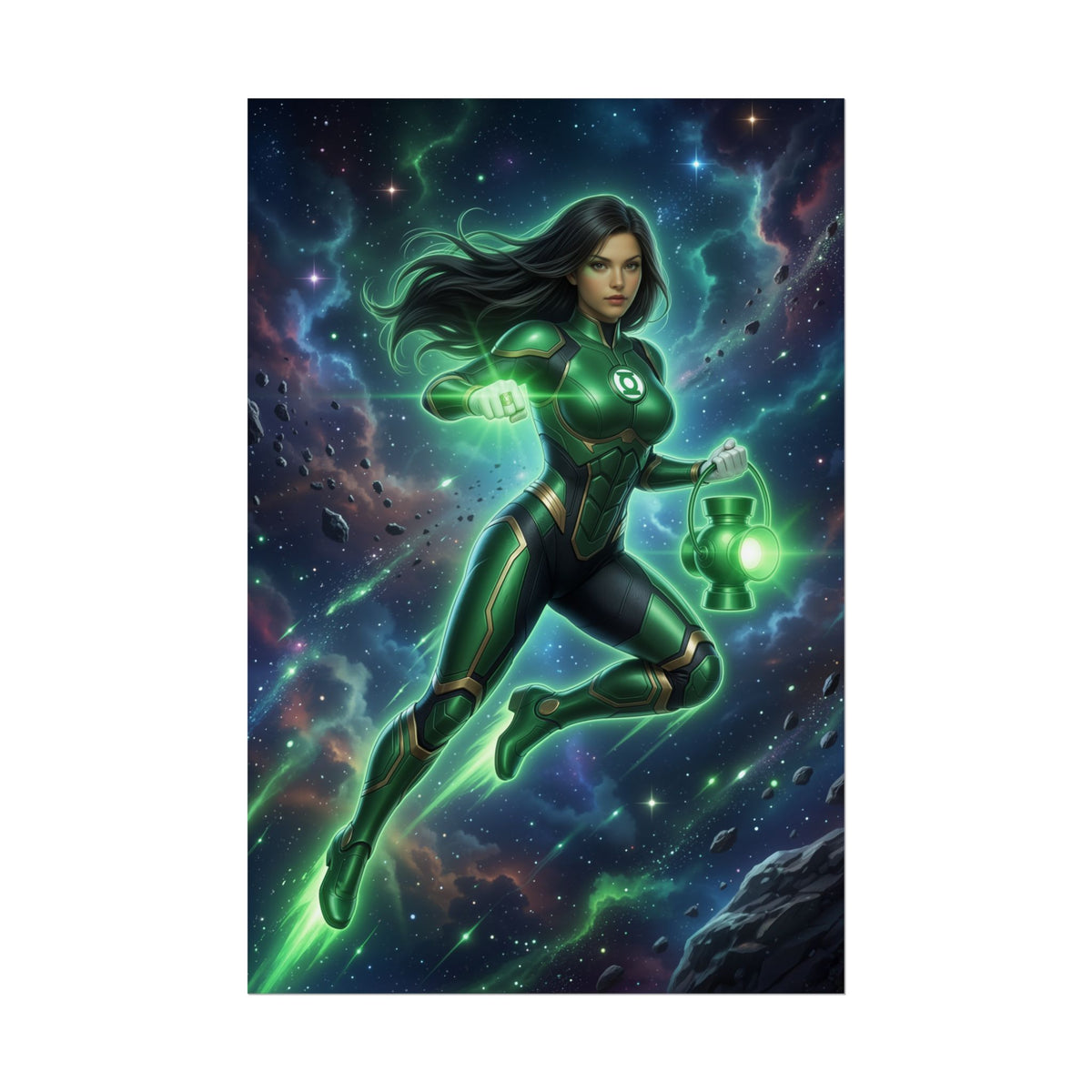 Jessica Cruz Poster, DC Comics Art Print  Superhero Wall Art showing Jessica Cruz in glowing Green Lantern suit with power ring and lantern in space