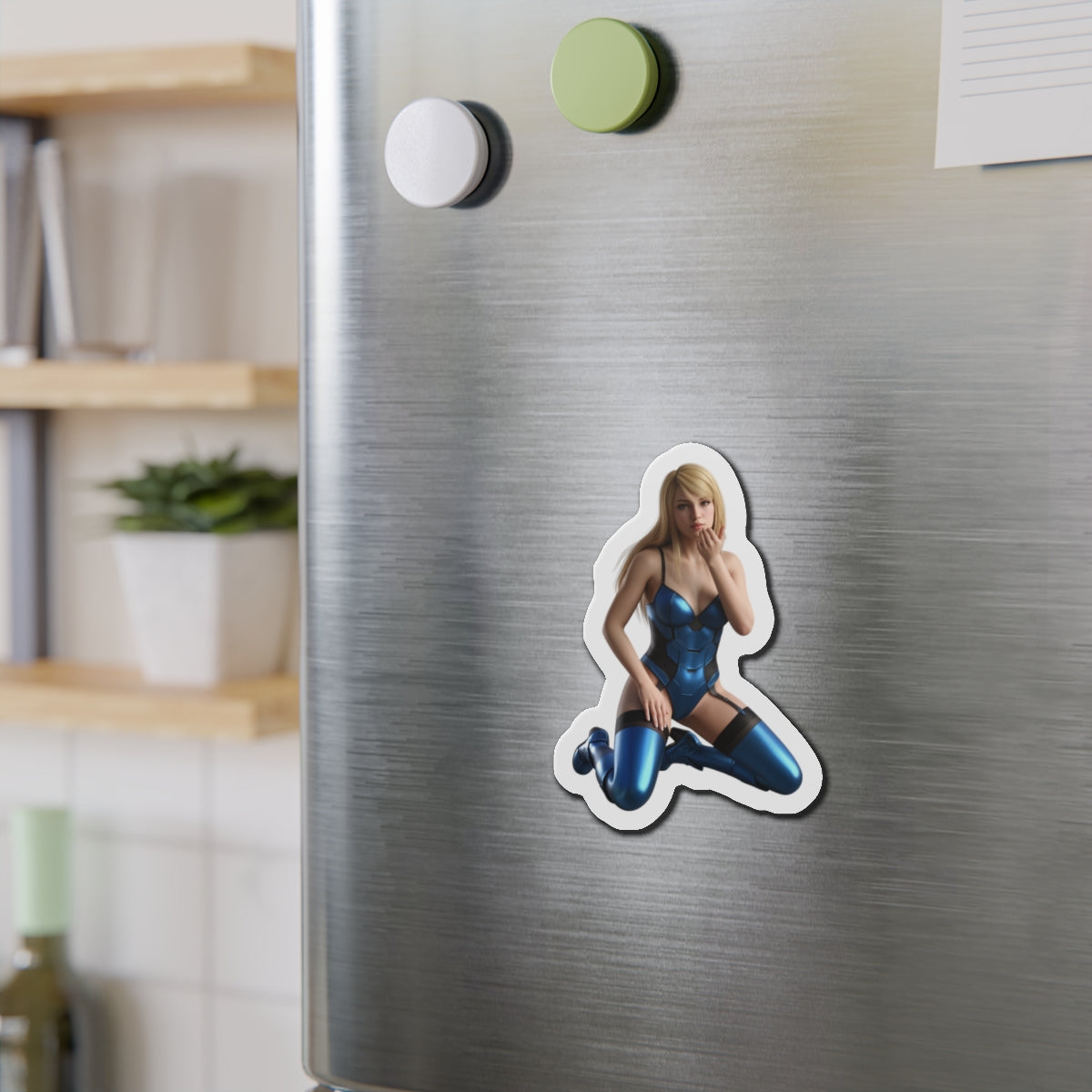 Samus Aran Magnet – Sci-Fi Game Heroine Fridge Magnet, Anime Style Decor on stainless fridge showing die-cut vinyl anime-style Samus Aran sticker
