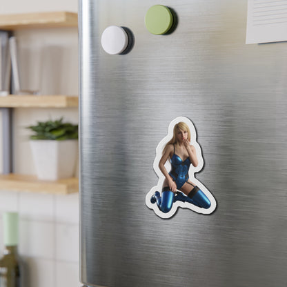 Samus Aran Magnet – Sci-Fi Game Heroine Fridge Magnet, Anime Style Decor on stainless fridge showing die-cut vinyl anime-style Samus Aran sticker