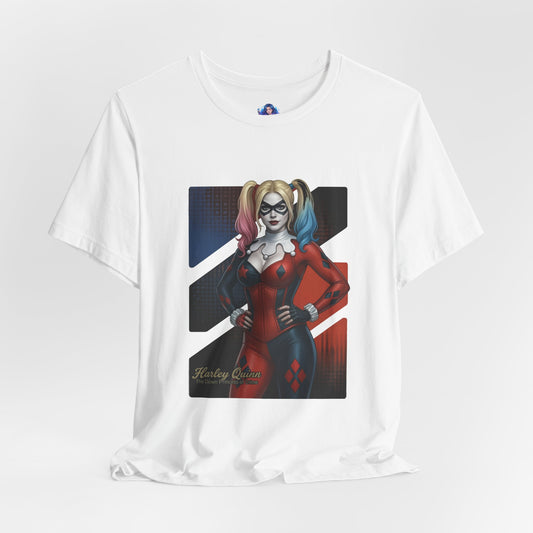 Harley Quinn T-Shirt | DC Comics Anime Tee for Gamers & Comic Fans - anime-style Harley Quinn portrait on Bella Canvas white tee