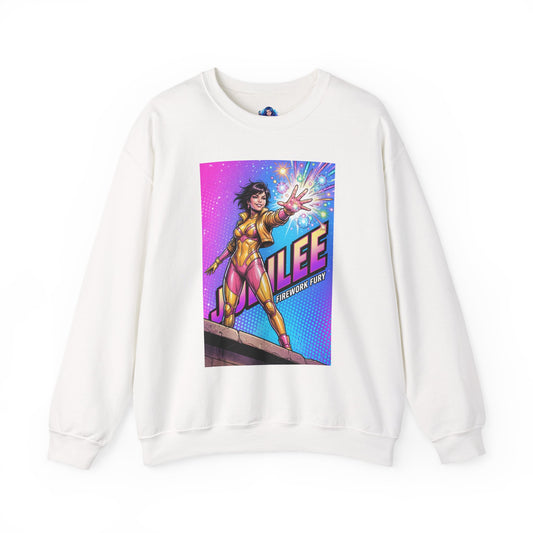 Jubilee Sweatshirt, Marvel Crewneck, Firework Energy Superhero Apparel featuring vibrant comic-style Jubilee print on white cozy crewneck