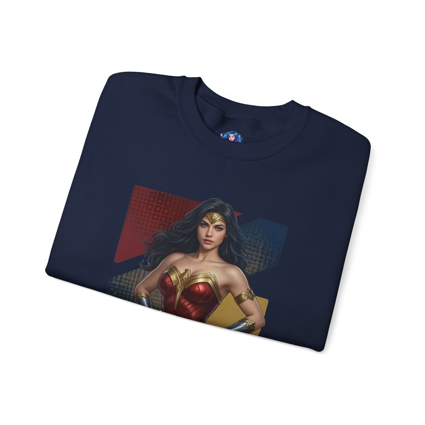 Wonder Woman Sweatshirt, DC Comics Crewneck, Legendary Superhero Apparel for Fans — navy crewneck with iconic Wonder Woman armor artwork