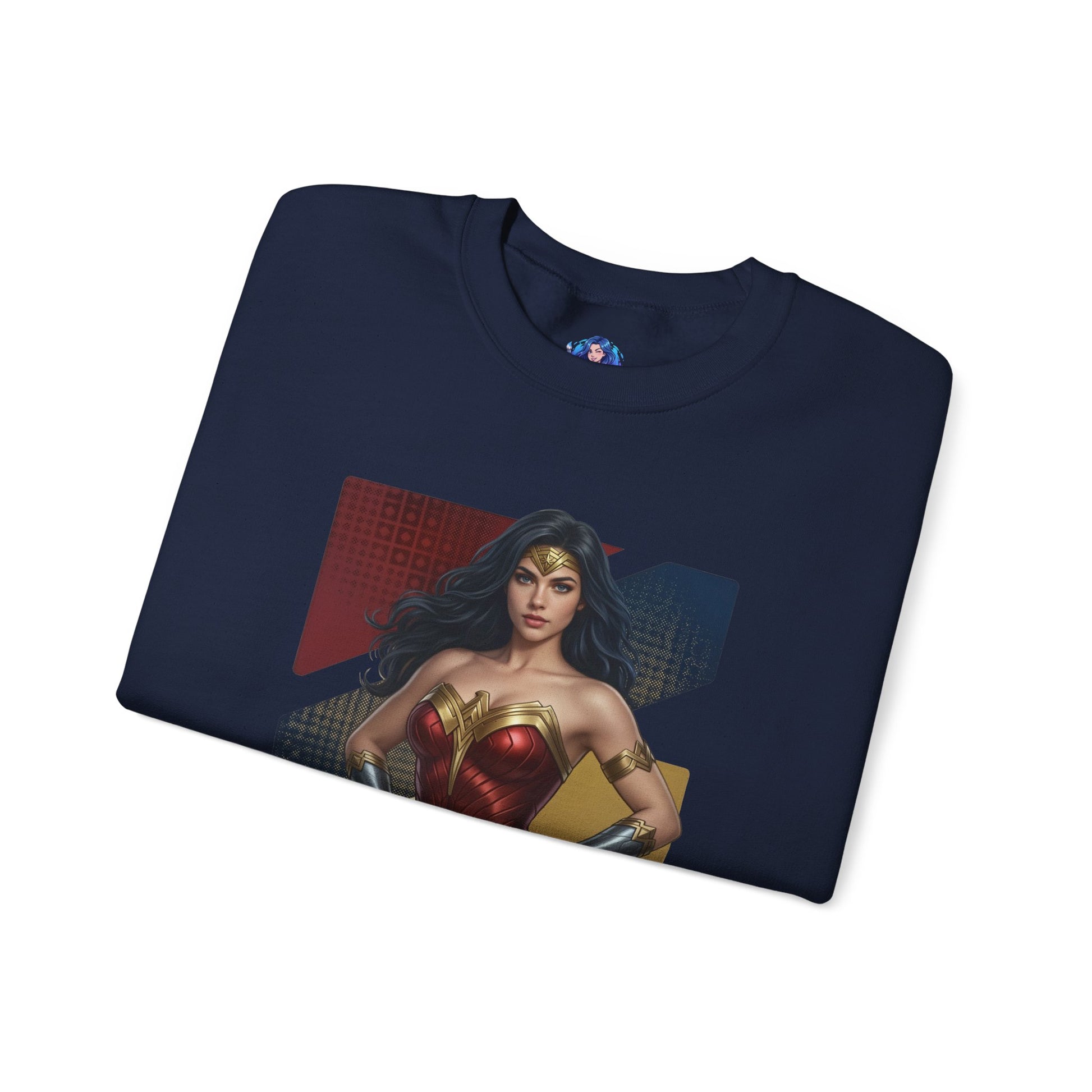 Wonder Woman Sweatshirt, DC Comics Crewneck, Legendary Superhero Apparel for Fans — navy crewneck with iconic Wonder Woman armor artwork