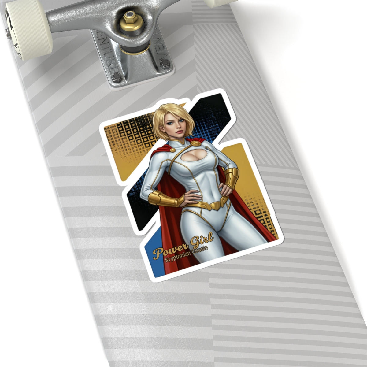 Power Girl Sticker – Comic Heroine Vinyl Sticker for Laptops & Indoor Decor on skateboard showing glossy die-cut comic heroine vinyl sticker