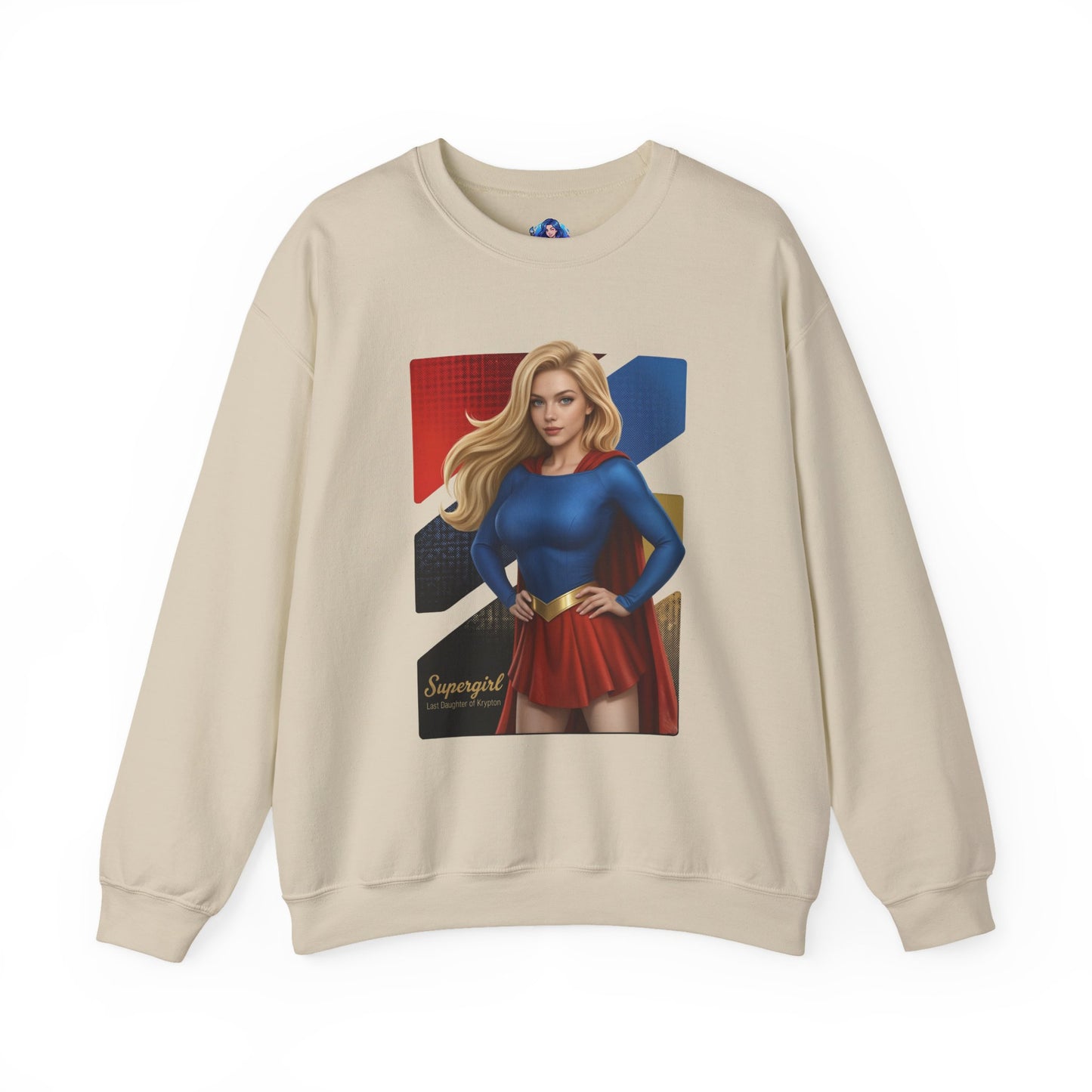 Supergirl Sweatshirt, DC Comics Crewneck, Iconic Superhero Apparel for Fans - beige crewneck with illustrated Supergirl in blue top and red skirt