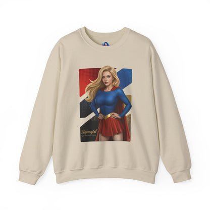Supergirl Sweatshirt, DC Comics Crewneck, Iconic Superhero Apparel for Fans - beige crewneck with illustrated Supergirl in blue top and red skirt