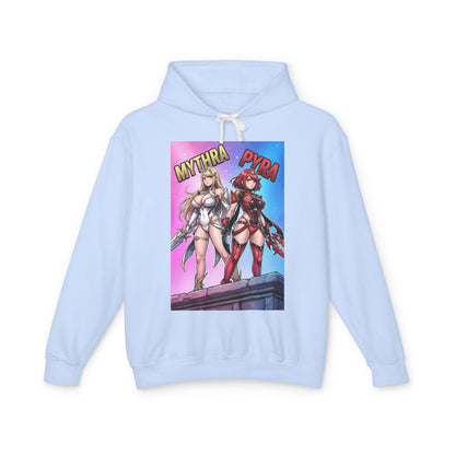 Mythra & Pyra Hoodie | JRPG Fantasy Hoodie | Anime Warrior Pullover - light blue cotton pullover with dual heroines artwork