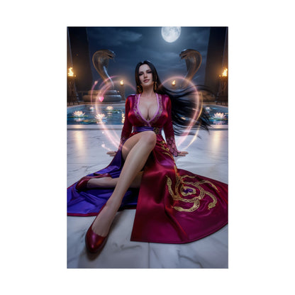 Boa Hancock Poster / Boa Hancock Wall Art / Boa Hancock Art Print / One Piece Poster - elegant moonlit Boa Hancock seated in regal pose with snakes and lotus