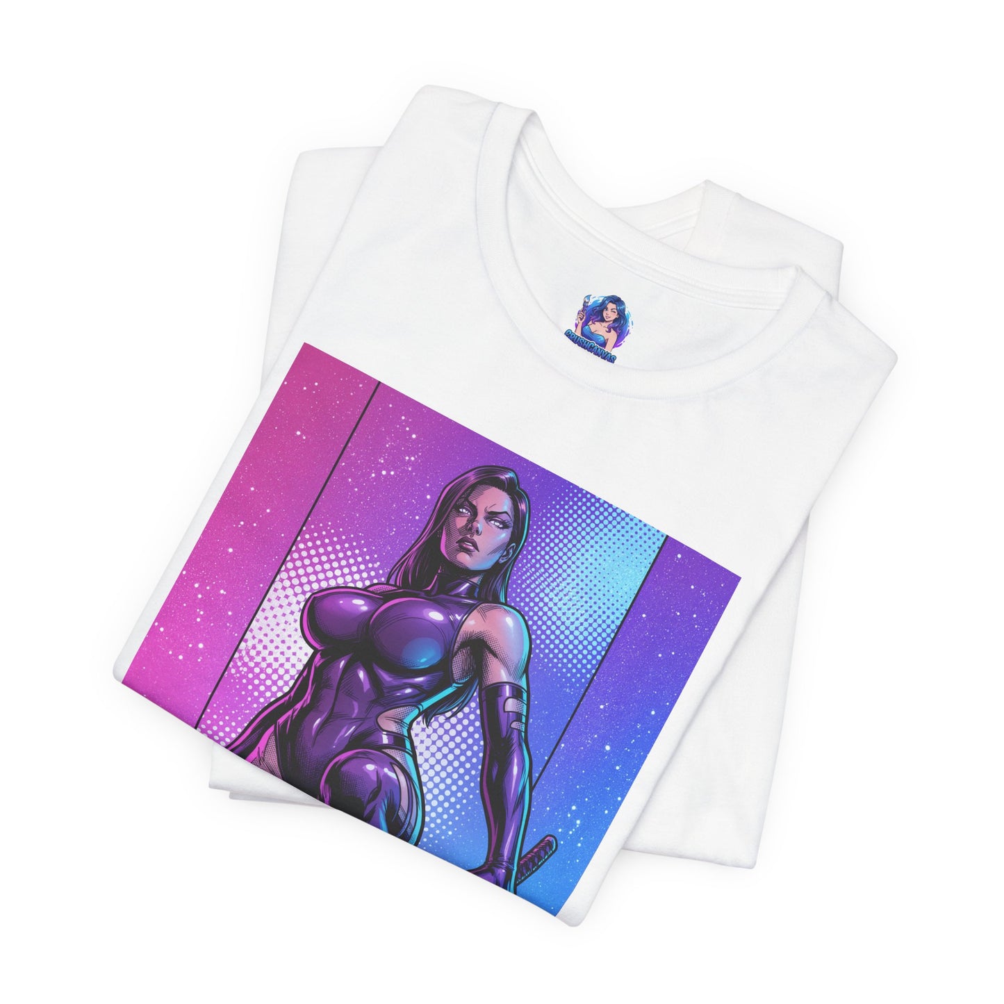Psylocke T-Shirt | X-Men Anime Style Comic Tee showing Psylocke in sleek bodysuit with blade over vibrant split-color background