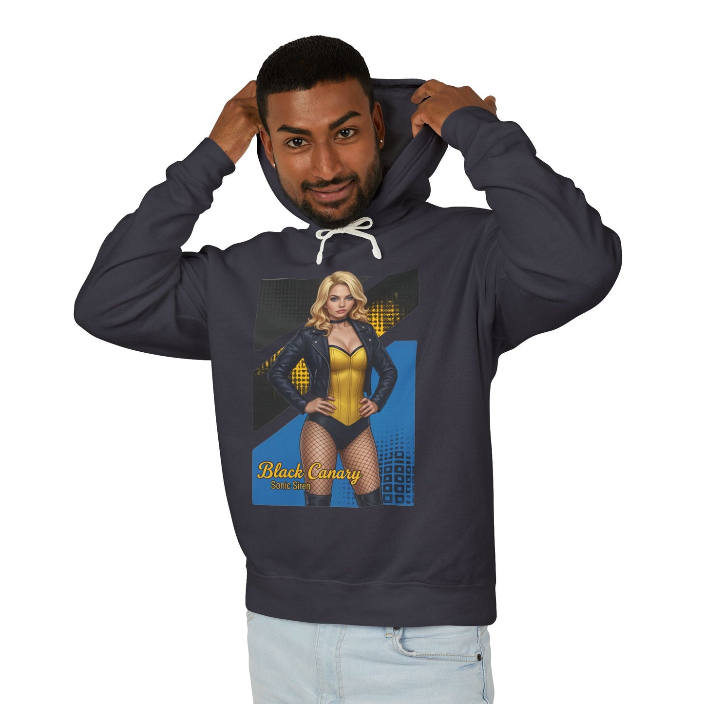 Black Canary Hoodie | DC Comics Hoodie | Anime Superheroine Pullover - model wearing navy pullover with anime Black Canary graphic