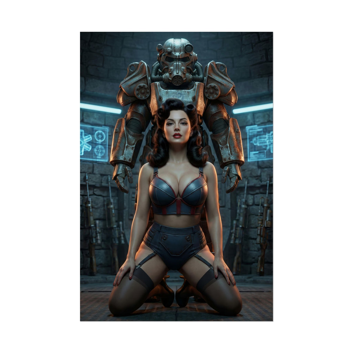 Fallout Power Woman Poster / Fallout Power Wall Art / Fallout Power Art Print / Fallout Poster - commanding woman kneeling before power armor in dramatic character-driven wall art