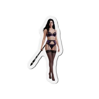 Yennefer Magnet – Fantasy Sorceress Fridge Magnet, Anime Style Decor, die-cut vinyl magnet showing sorceress in purple outfit with staff
