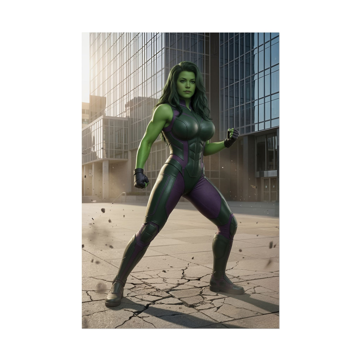 She-Hulk Poster, Marvel Art Print  Superhero Wall Art showing muscular green superhero woman in urban cityscape, high-res comic-style wall art