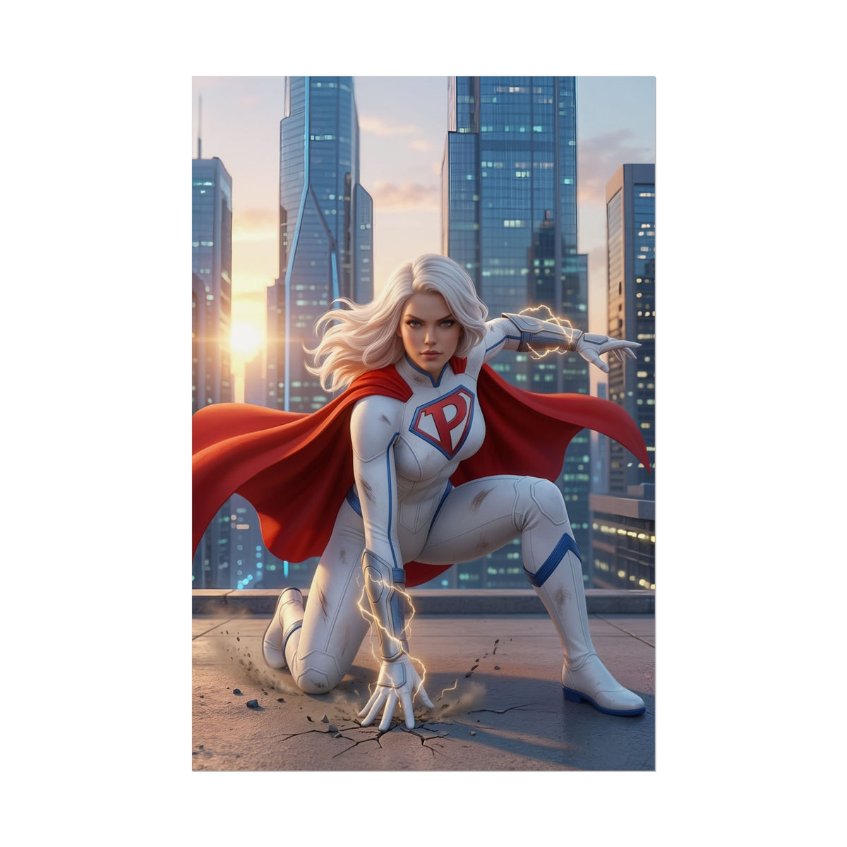 Power Girl Poster, DC Comics Art Print  Superhero Wall Art featuring Power Girl kneeling on rooftop with red cape and city skyline